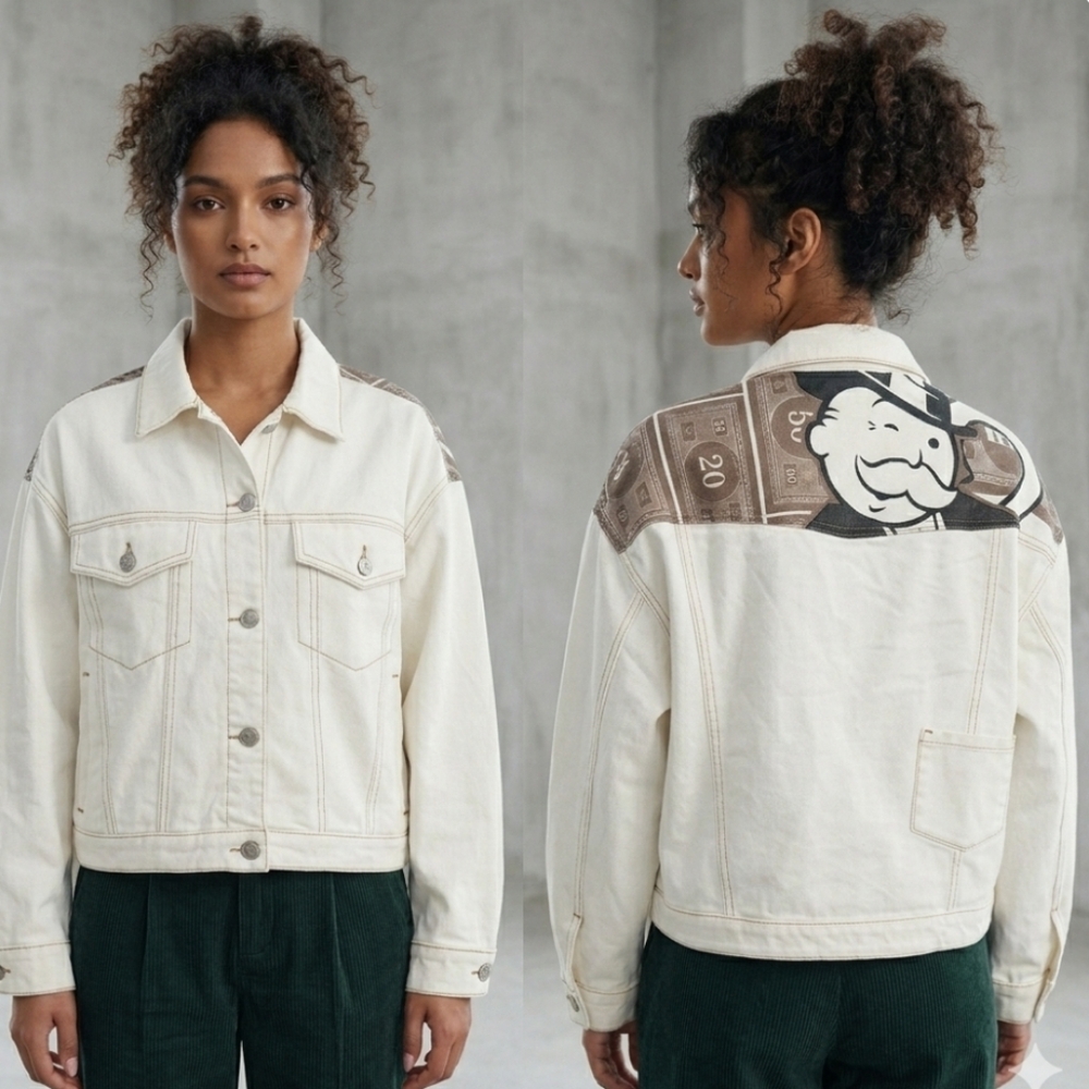 LEDiN x Monopoly Graphic Denim Jacket | Rare Kidcore Streetwear | Size S